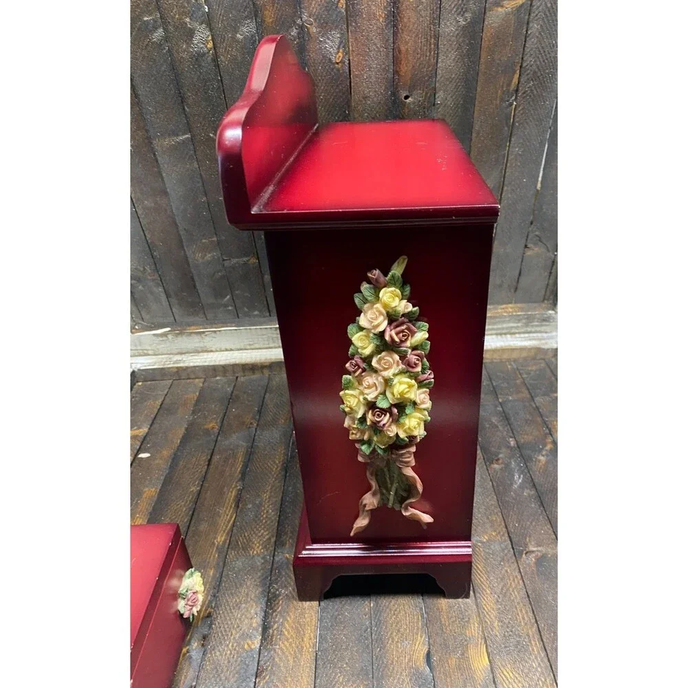 Set 2 Red Wood 4 Drawer Jewelry Chest With Resin Flowers And Trinket Photo Box